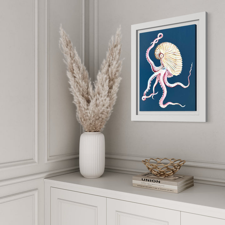 Argonaut octopus framed in white frame on wall