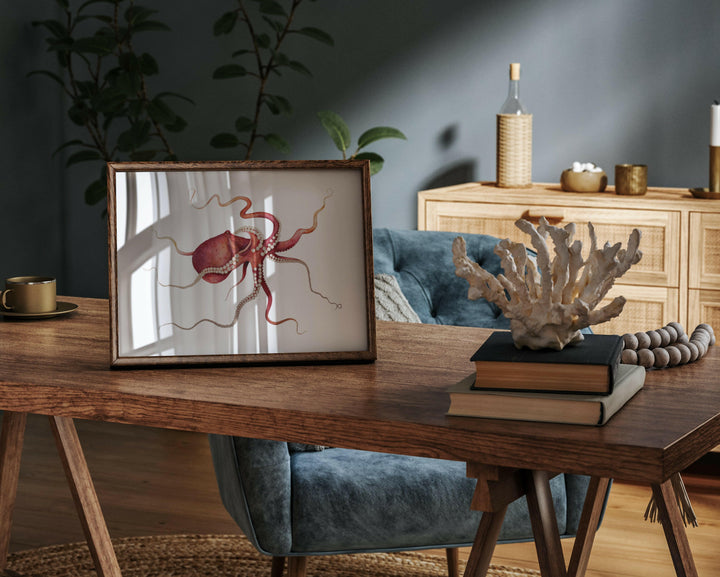 Gold Embellished Gliding Red Octopus Fine Art Print