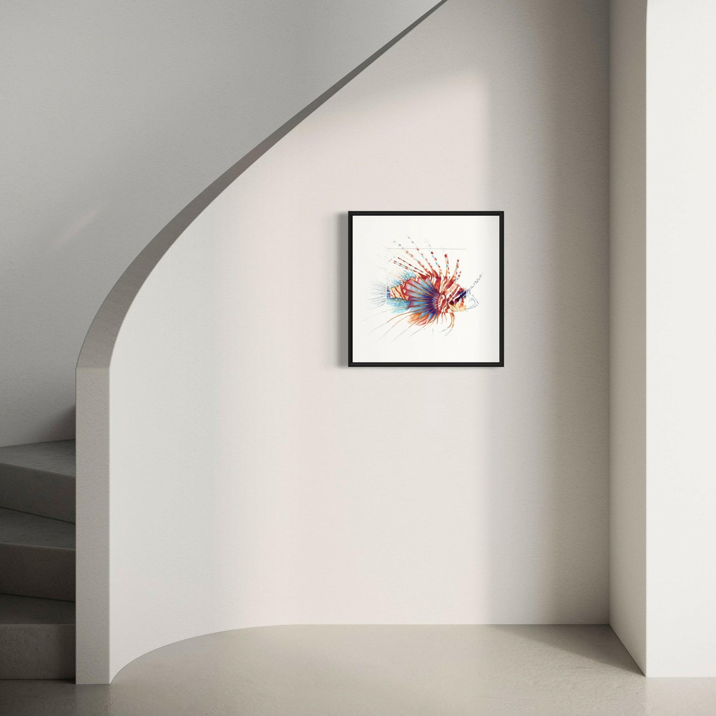 lionfish sketch mount with black frame on cream wall