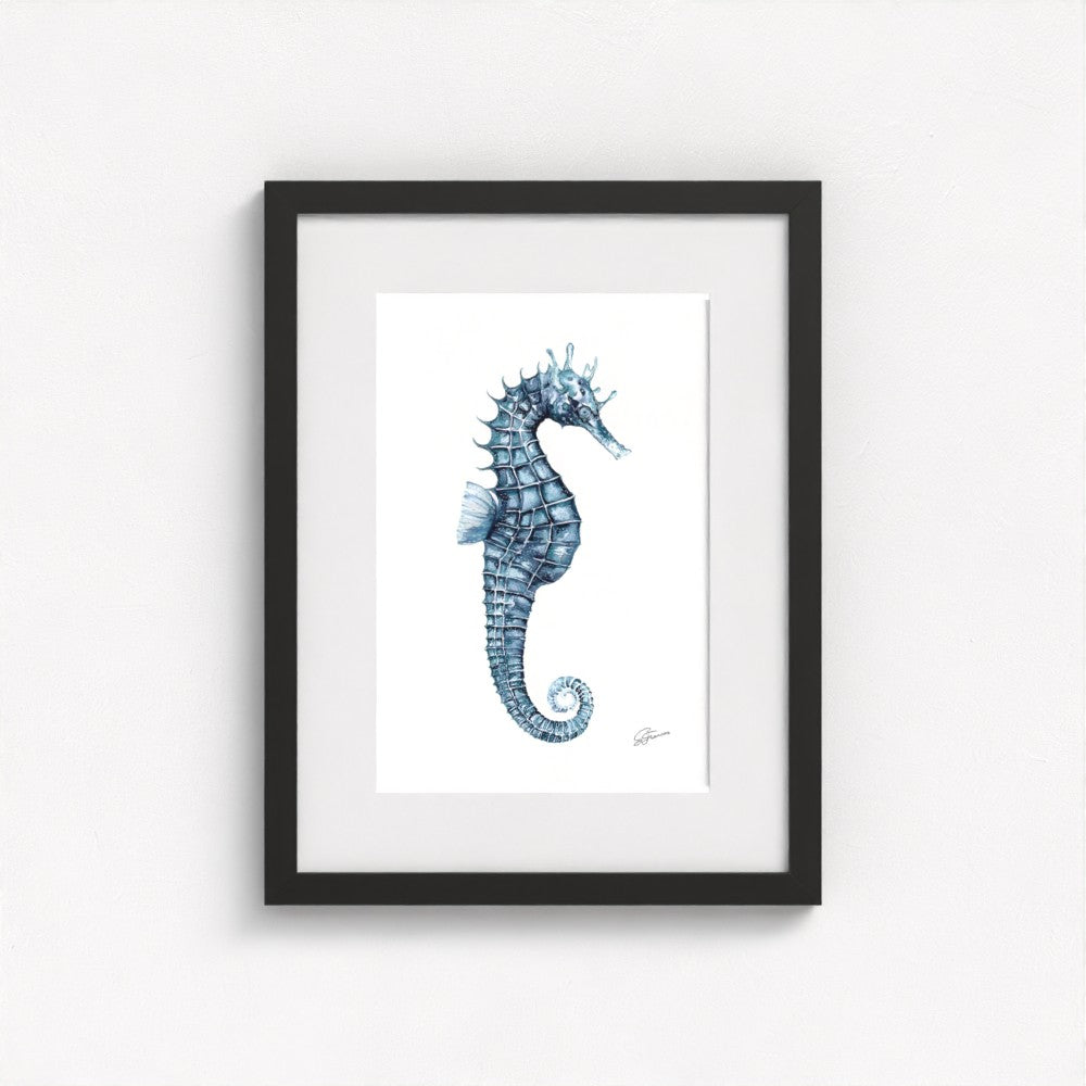 seahorse print on wall in black frame  on white wall