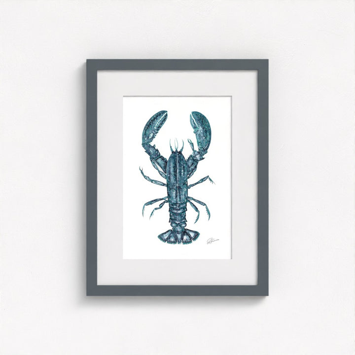 lobster print on wall in grey frame  on white wall