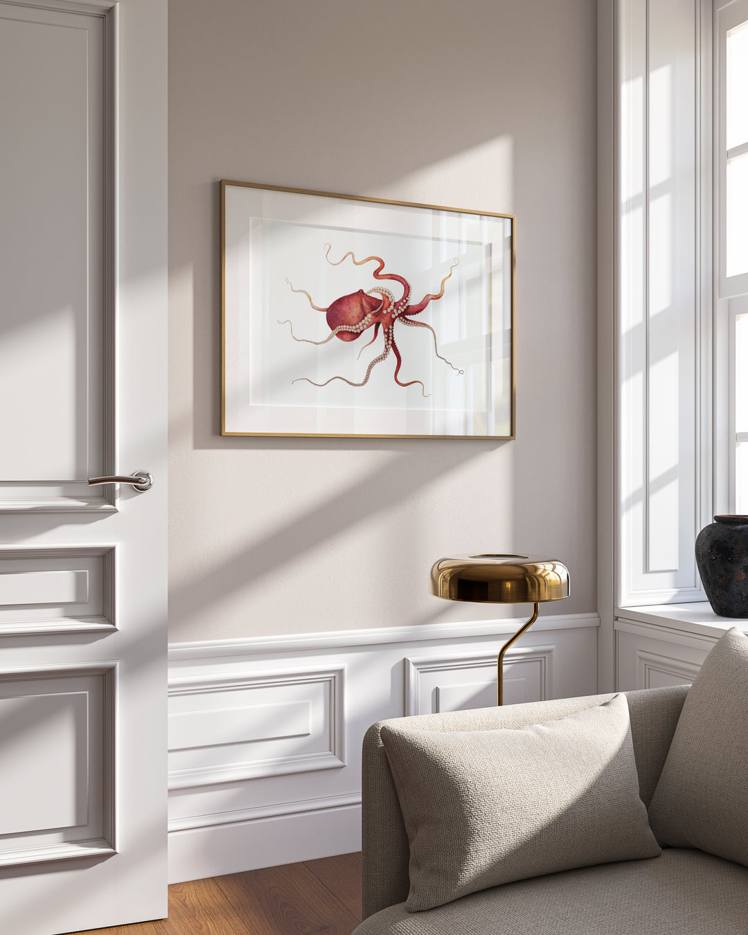 Gold Embellished Gliding Red Octopus Fine Art Print
