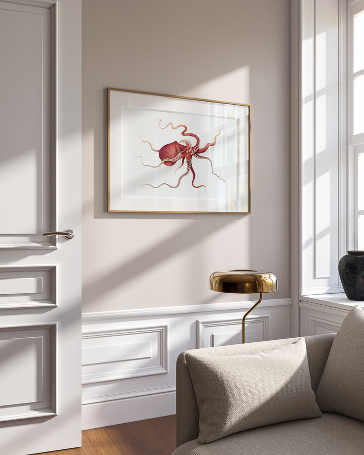 Gold Embellished Gliding Red Octopus Fine Art Print