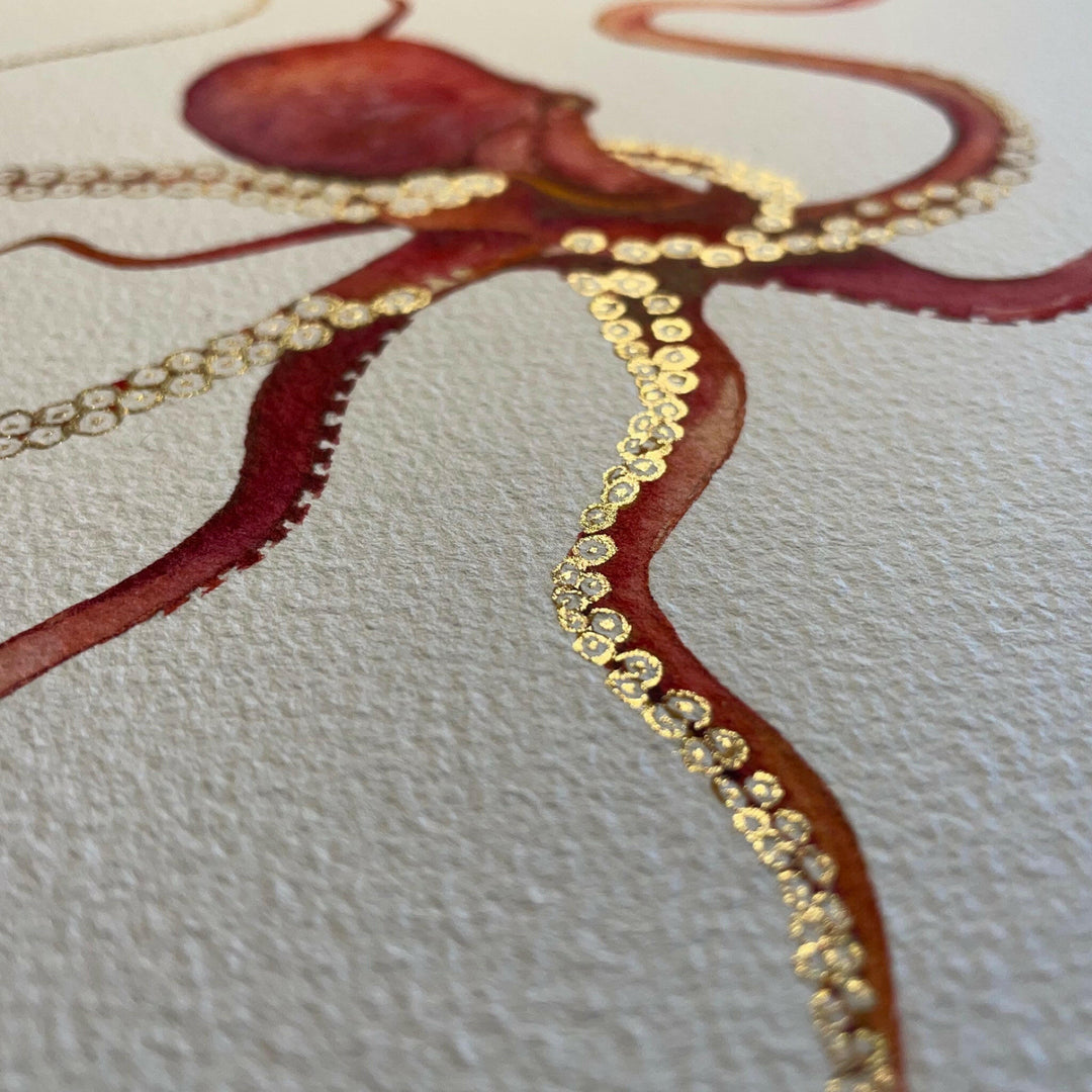Gold Embellished Gliding Red Octopus Fine Art Print