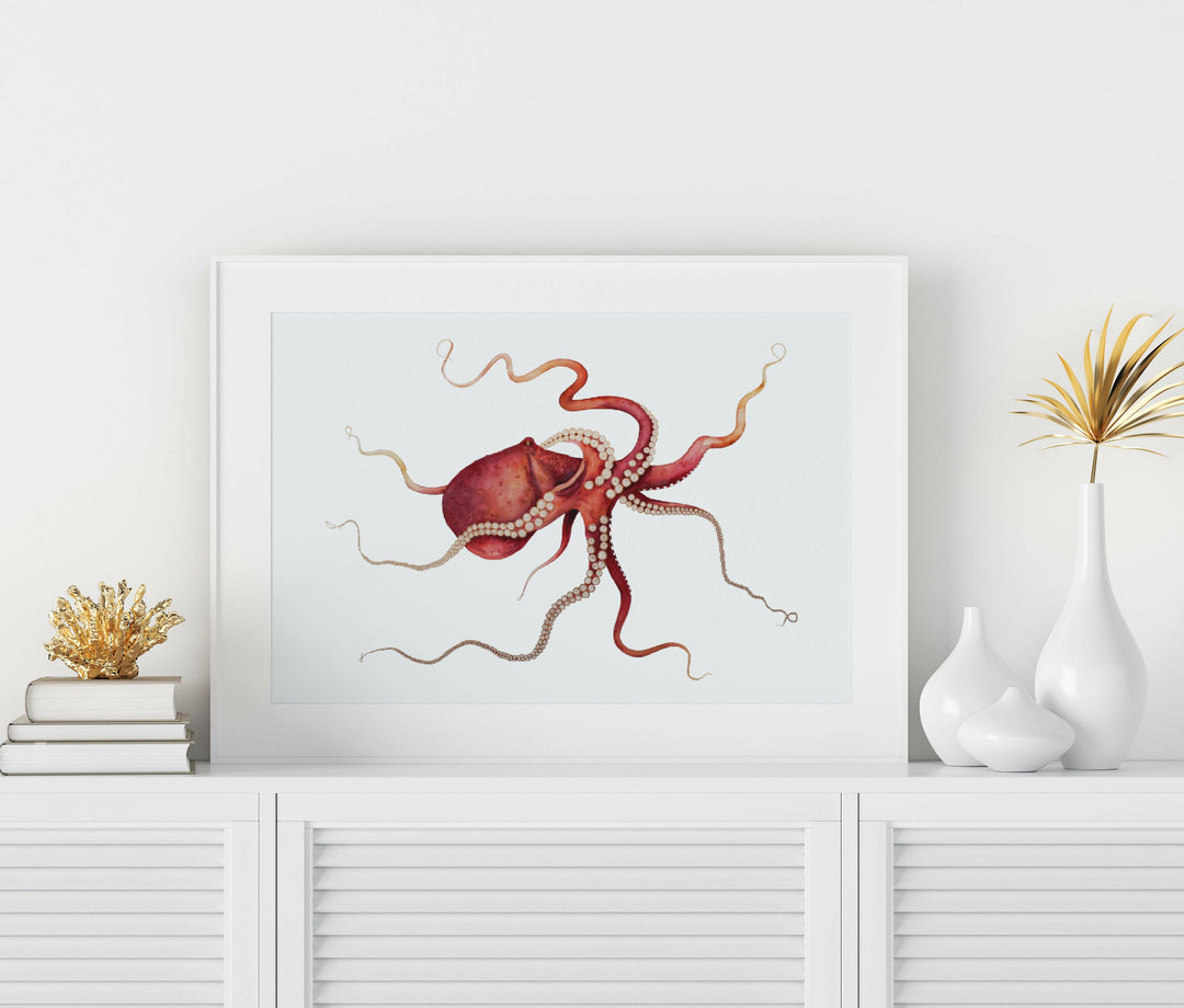Gold Embellished Gliding Red Octopus Fine Art Print