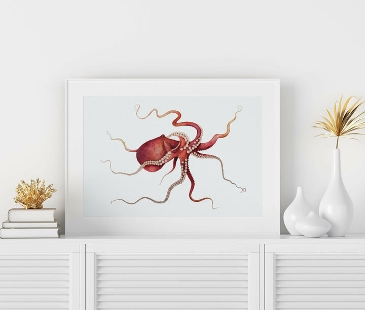 Gold Embellished Gliding Red Octopus Fine Art Print