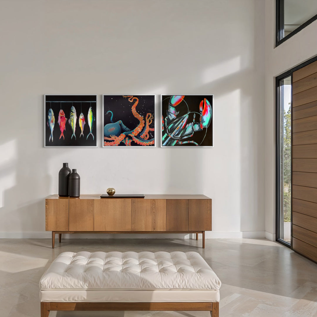 A contemporary hall way . three paintings: fish , an octopus and a lobster on blue canvas