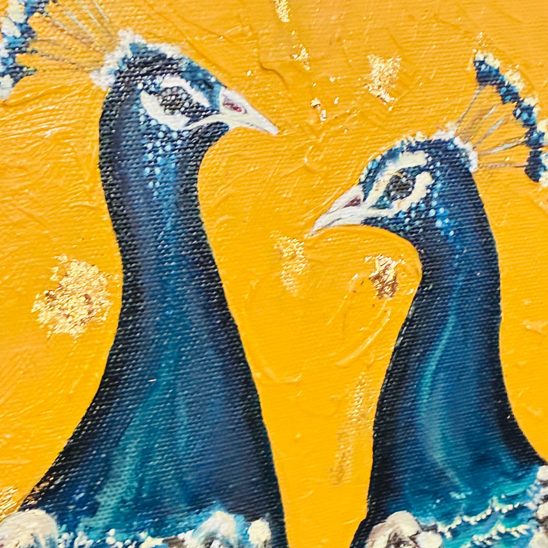 Two peacocks on a yellow background