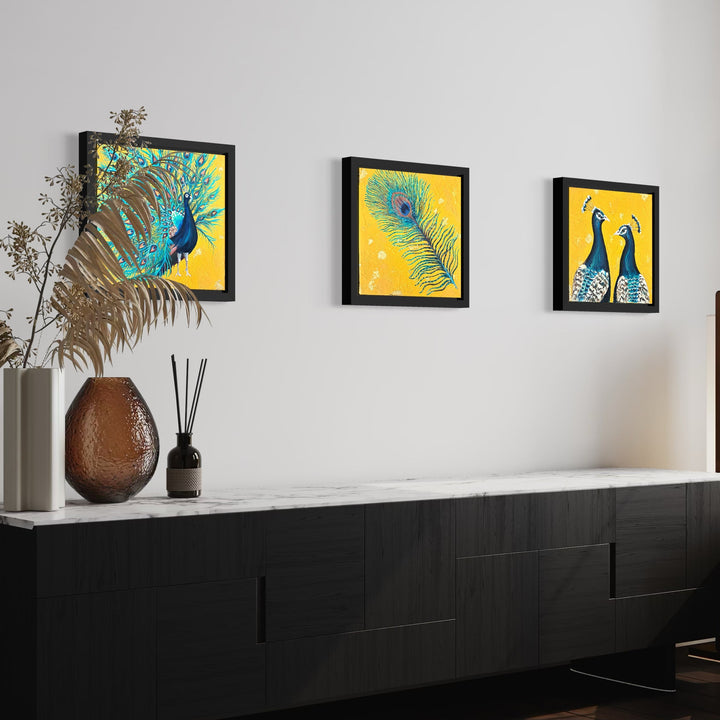 Modern living room with decorative wall art, a white armchair, and a dark console table.