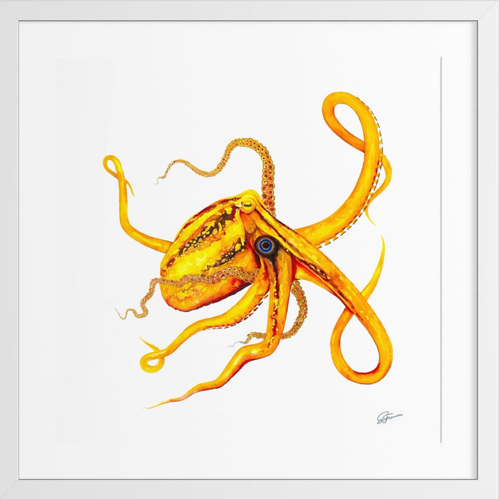 Framed artwork of a yellow octopus on a white background