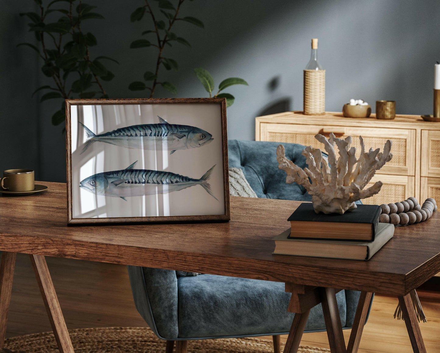 Image of two iridescent mackerels on a white background in a brown frame on a table with nautical decorated room and accessories 