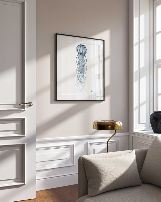 jellyfish print on wall in black frame  on white wall