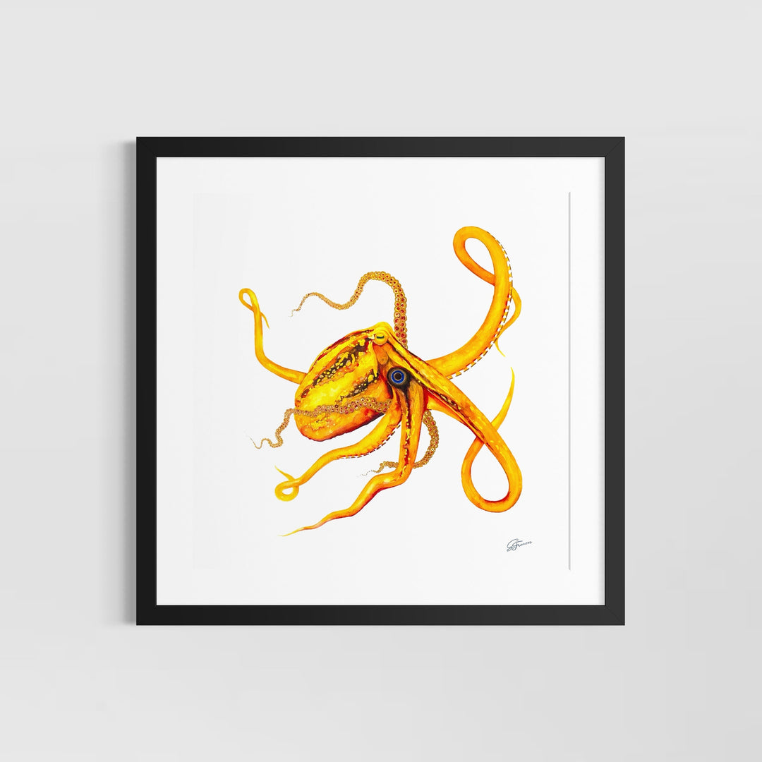 Framed artwork of a yellow octopus on a white background