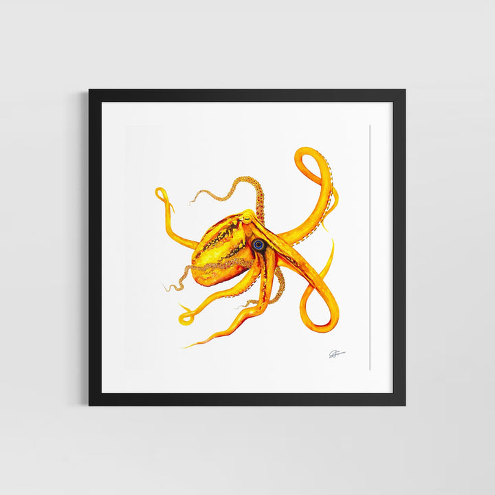 Framed artwork of a yellow octopus on a white background