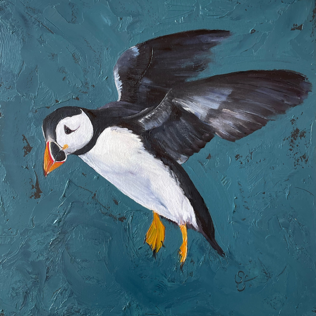 Stormy sea blue canvas, with a central subject of a puffin in flight - painted in oil