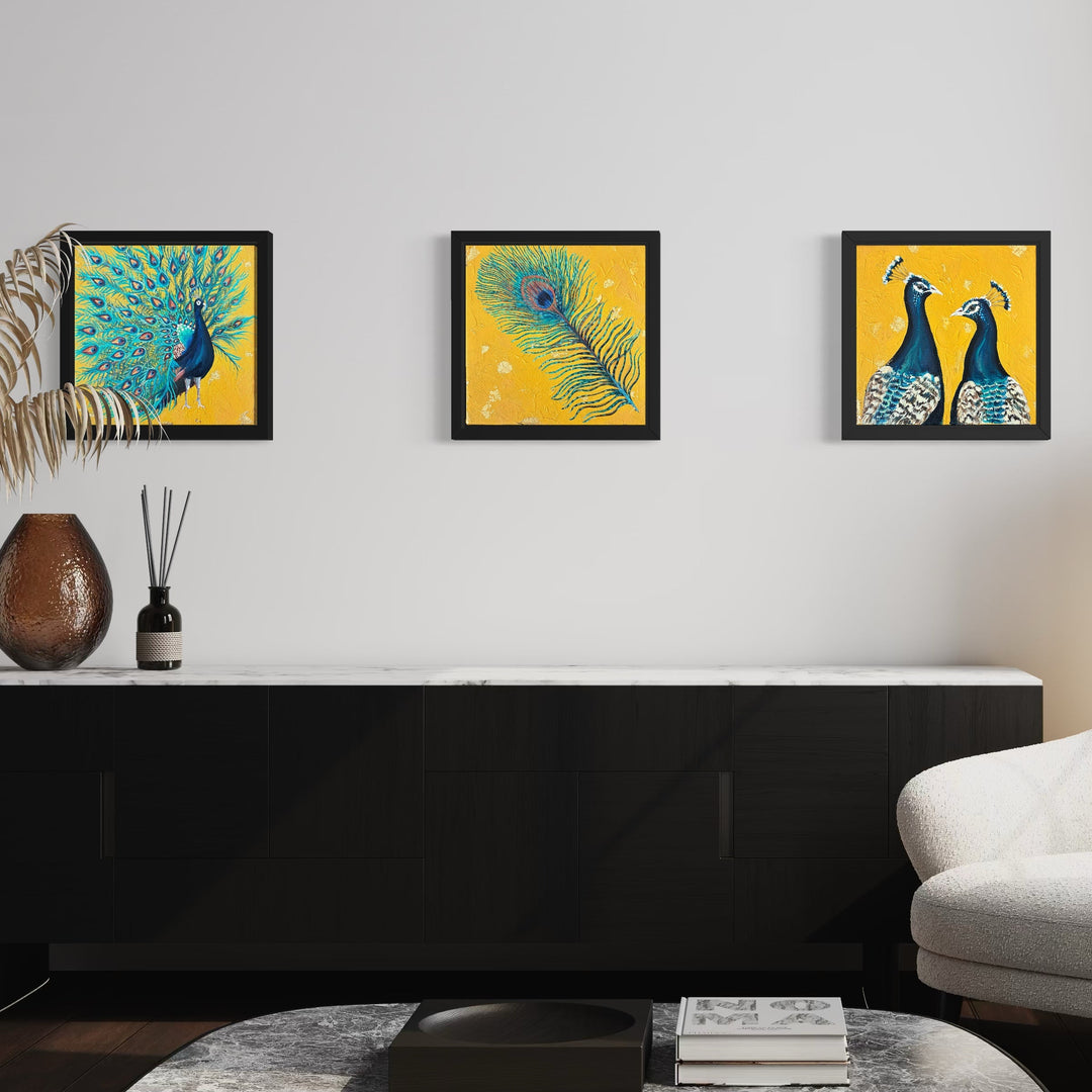 Modern living room with a white armchair, decorative wall art, and a lamp.