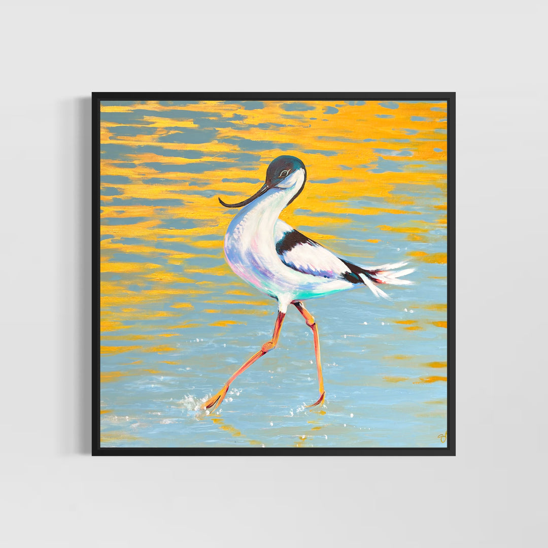 Framed artwork of a bird walking on water with a colorful background