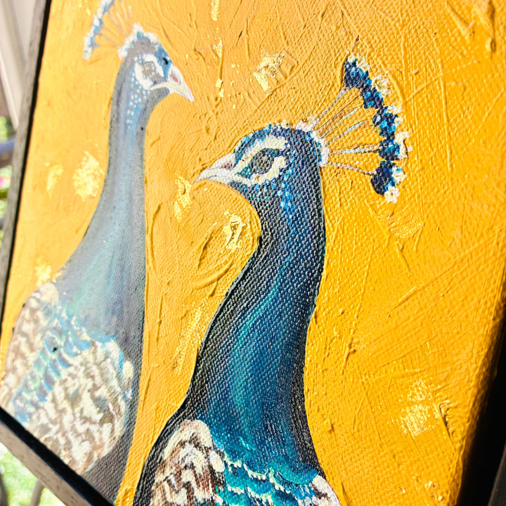 Painting of a peacock on a yellow background