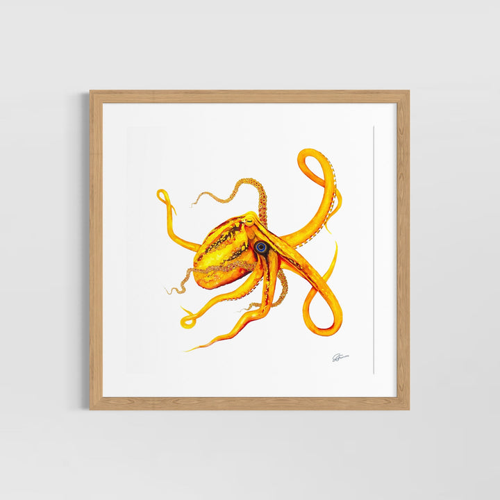 Framed artwork of a yellow octopus on a white background