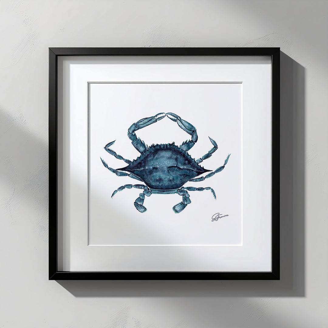 Framed artwork of a blue crab on a white background