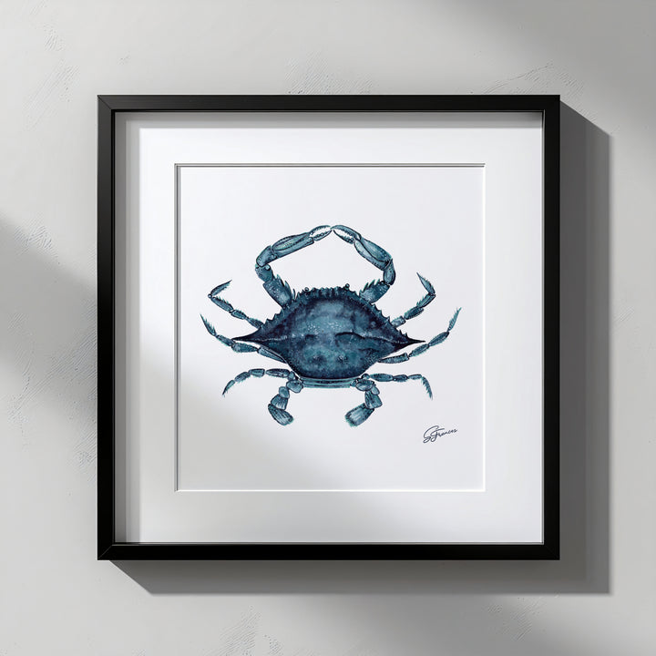 Framed artwork of a blue crab on a white background