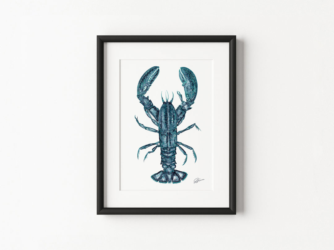 Framed artwork of a blue lobster on a white wall