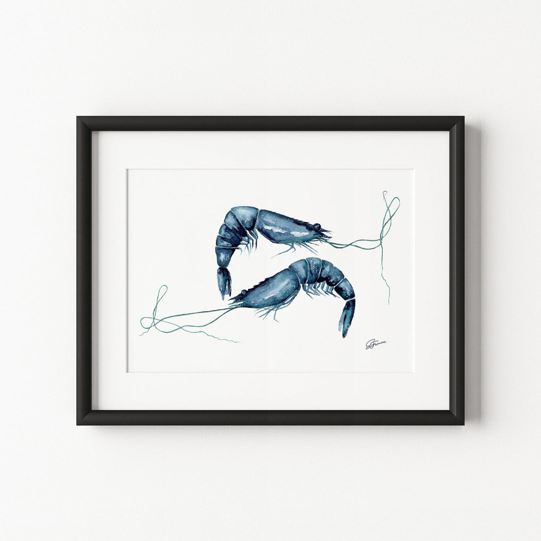 Framed artwork of two blue shrimp on a white background