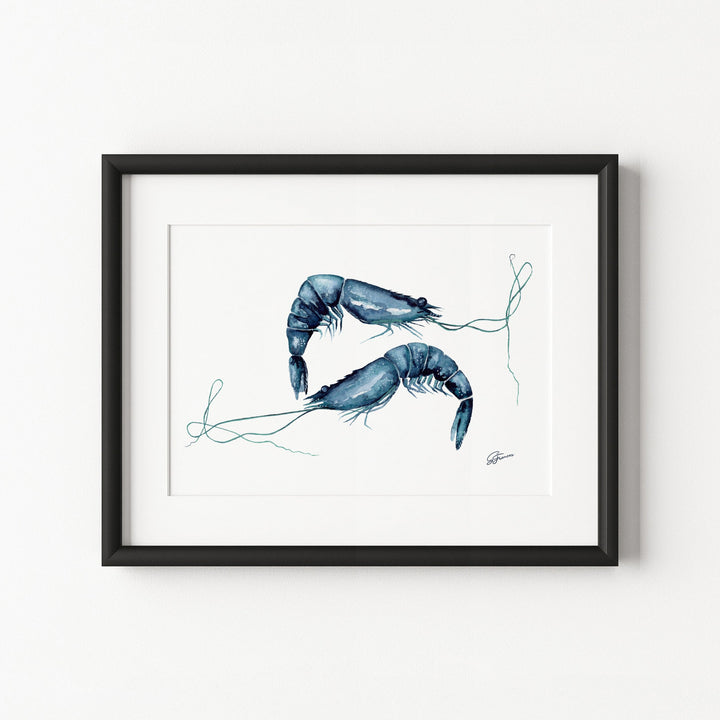 Framed artwork of two blue shrimp on a white background