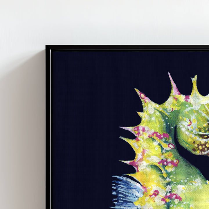 Framed artwork of a colorful sea creature on a black background