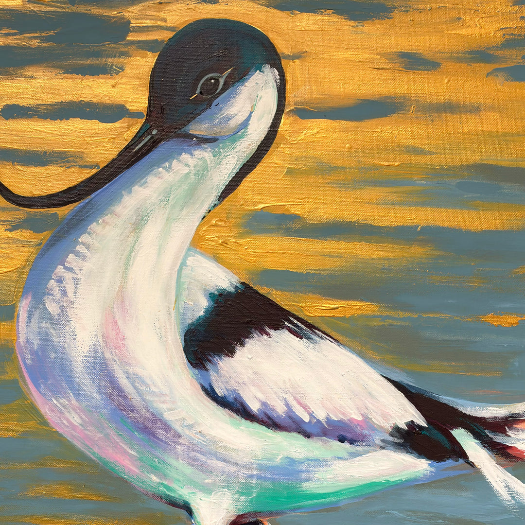 Painting of a bird with a gold and blue background