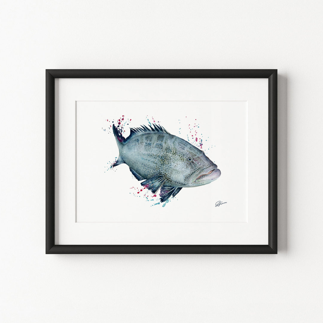 Framed artwork of a fish on a white background