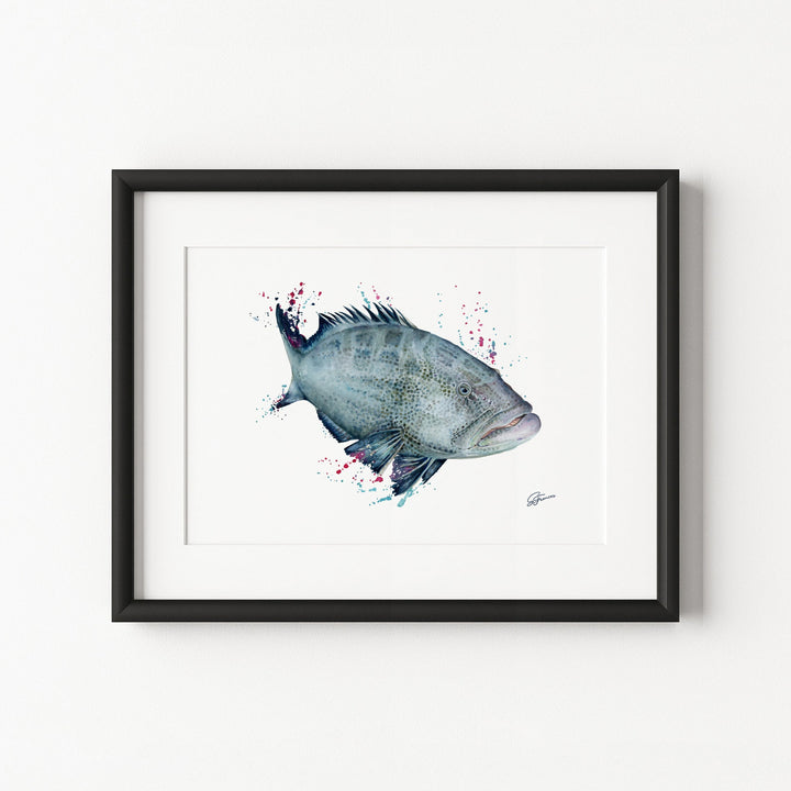 Framed artwork of a fish on a white background