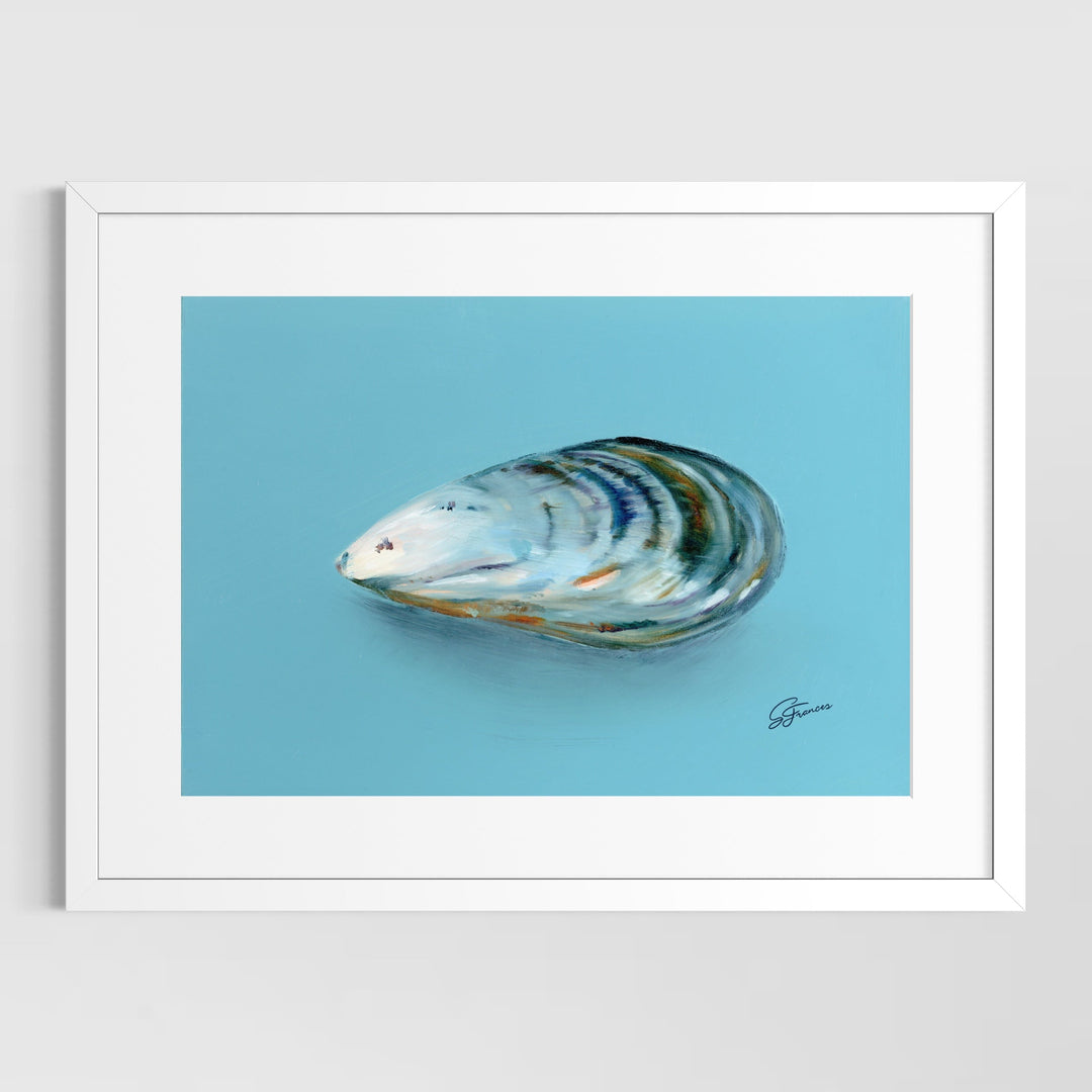 Framed artwork of a mussel shell on a blue background