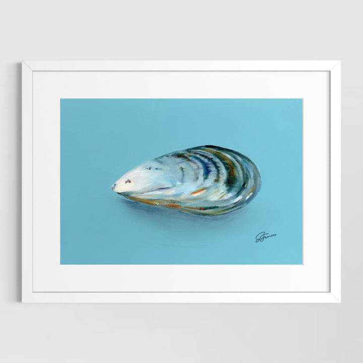 Framed artwork of a mussel shell on a blue background