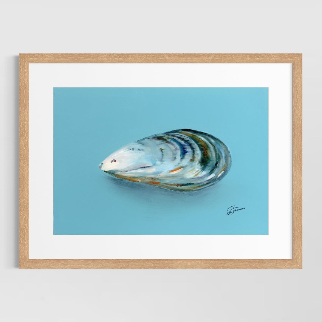 Framed artwork of a mussel shell on a blue background