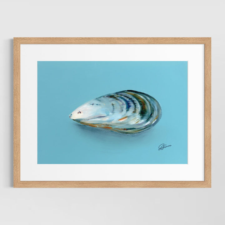 Framed artwork of a mussel shell on a blue background