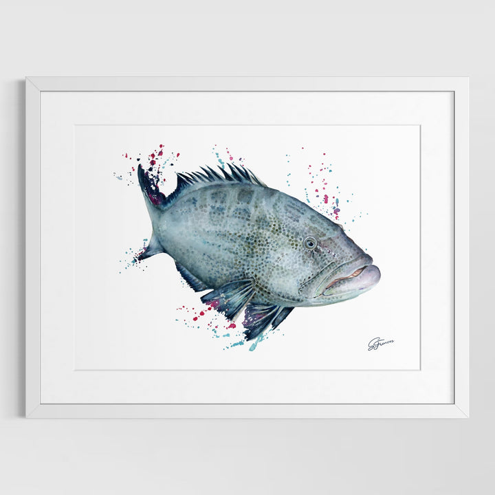 Framed artwork of a fish on a white wall