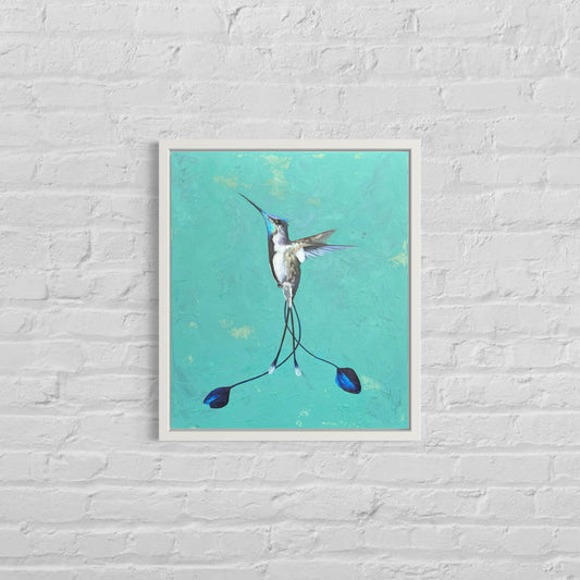 humming bird painting on a dusty green hue canvas , in a white frame on a white brick wall