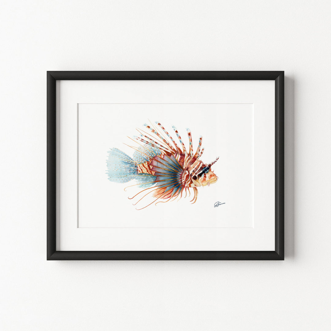 Framed artwork of a lionfish on a white background