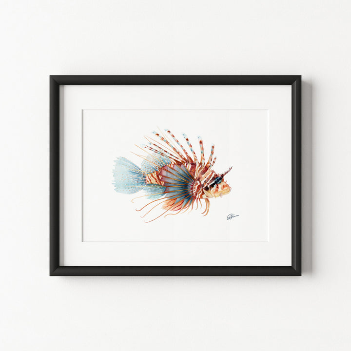 Framed artwork of a lionfish on a white background