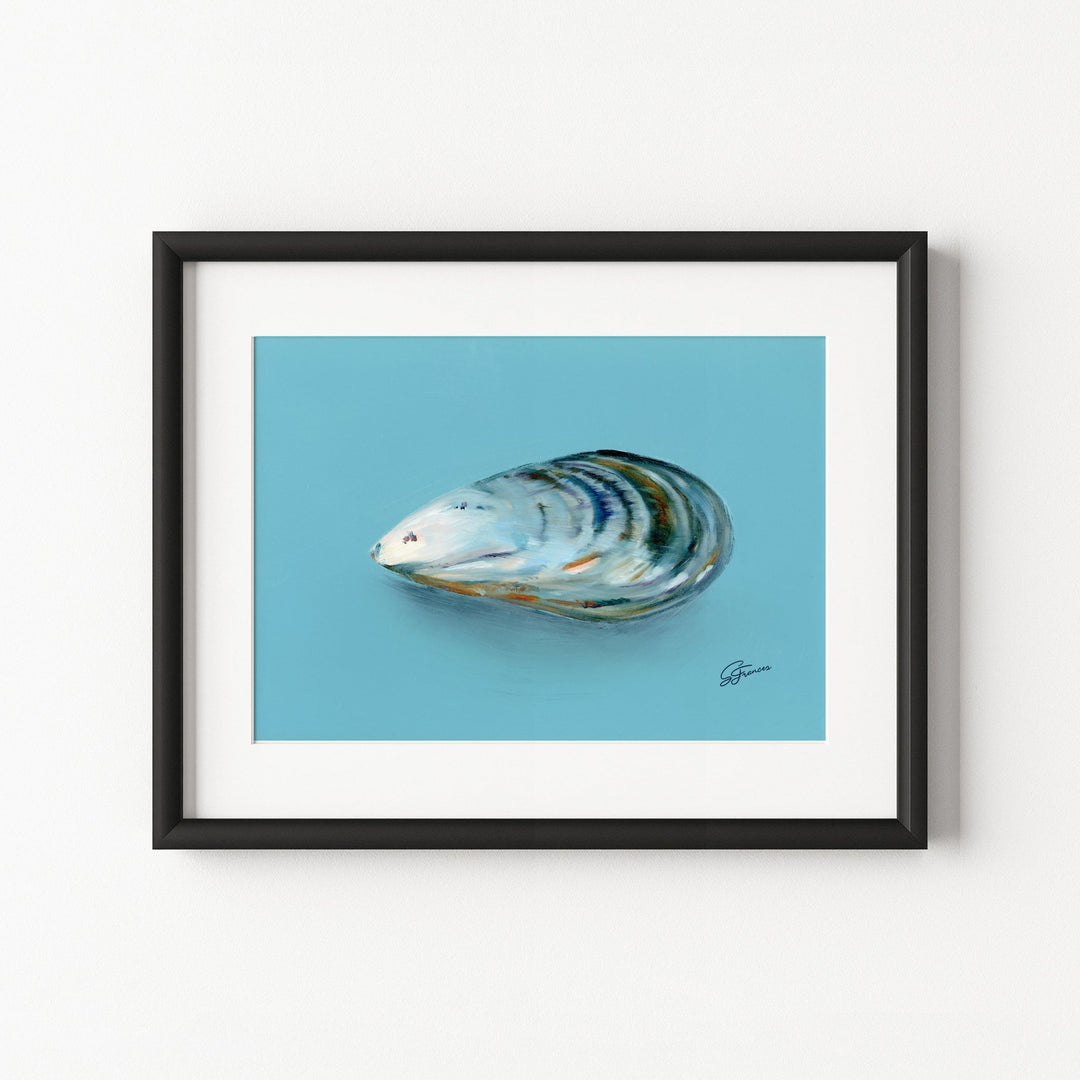 Framed artwork of a shell on a blue background