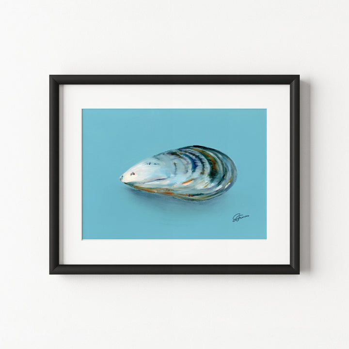 Framed artwork of a shell on a blue background