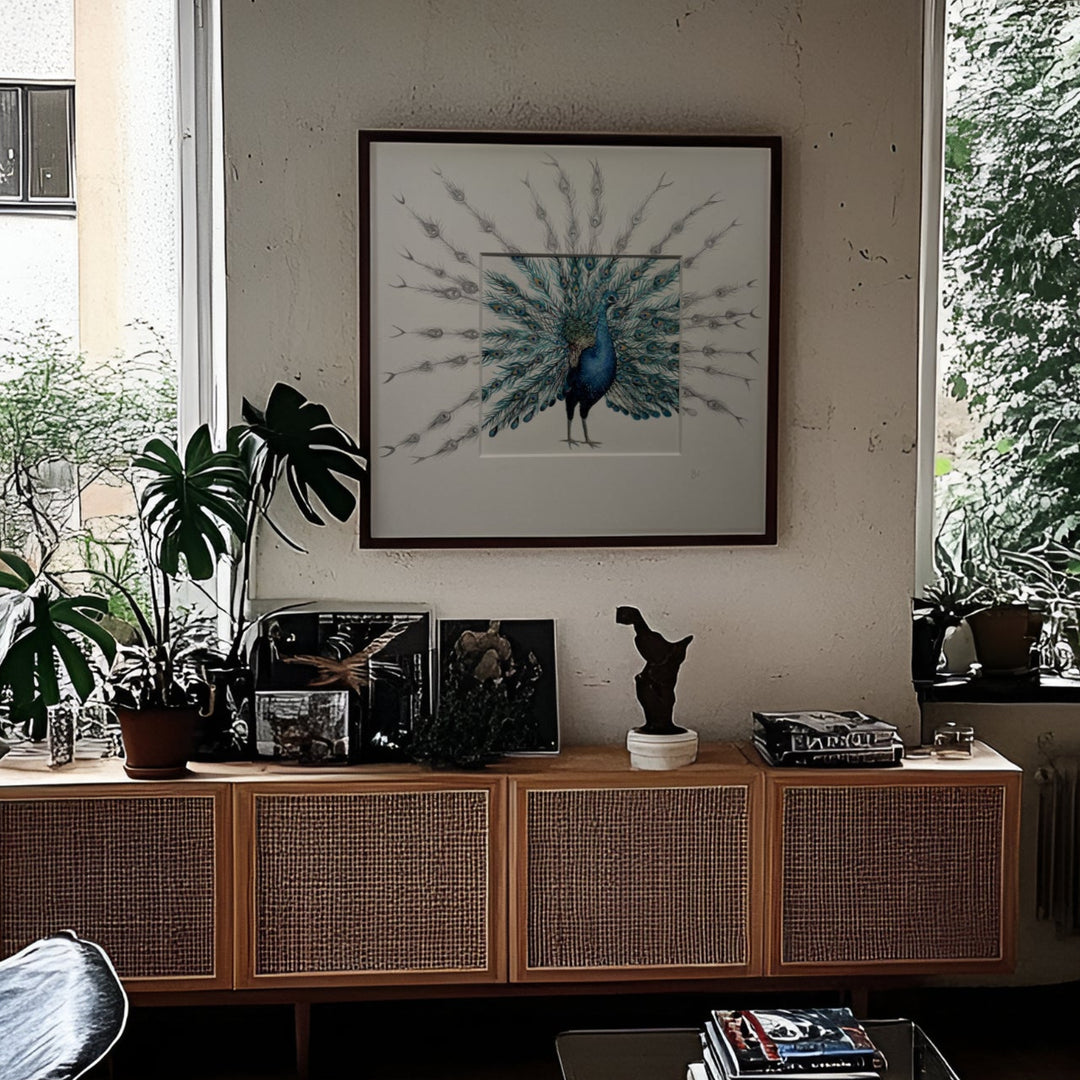 peacock painitng in a Living room with a wooden sideboard, black chair, and white sofa.