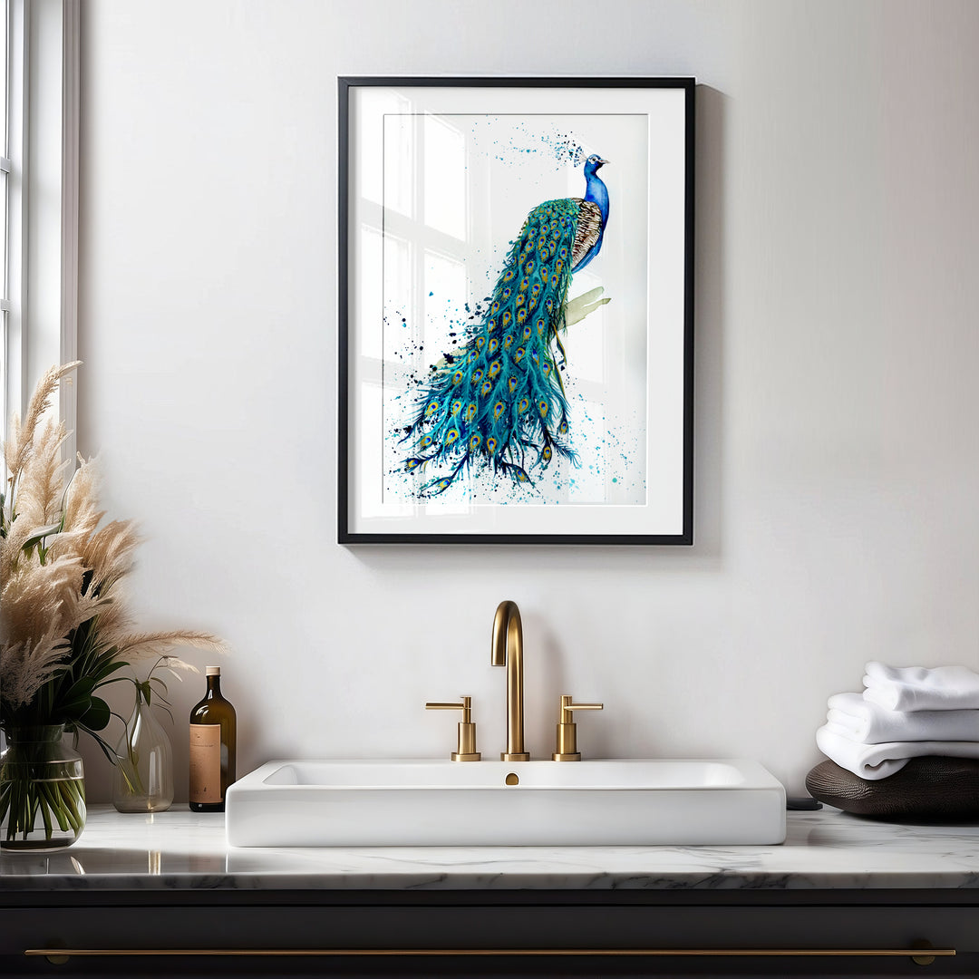 Framed artwork of a peacock in a bathroom setting with a sink and decor items.