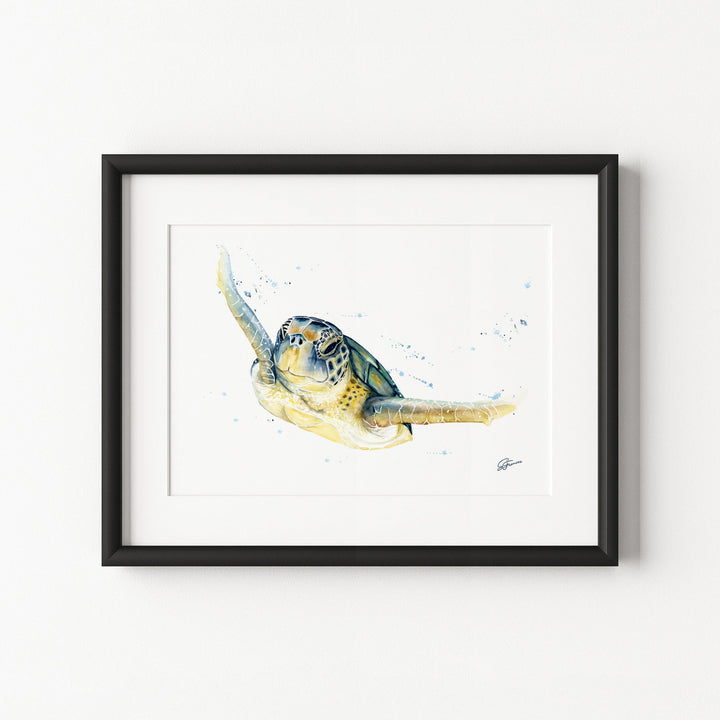 Framed artwork of a turtle on a white background