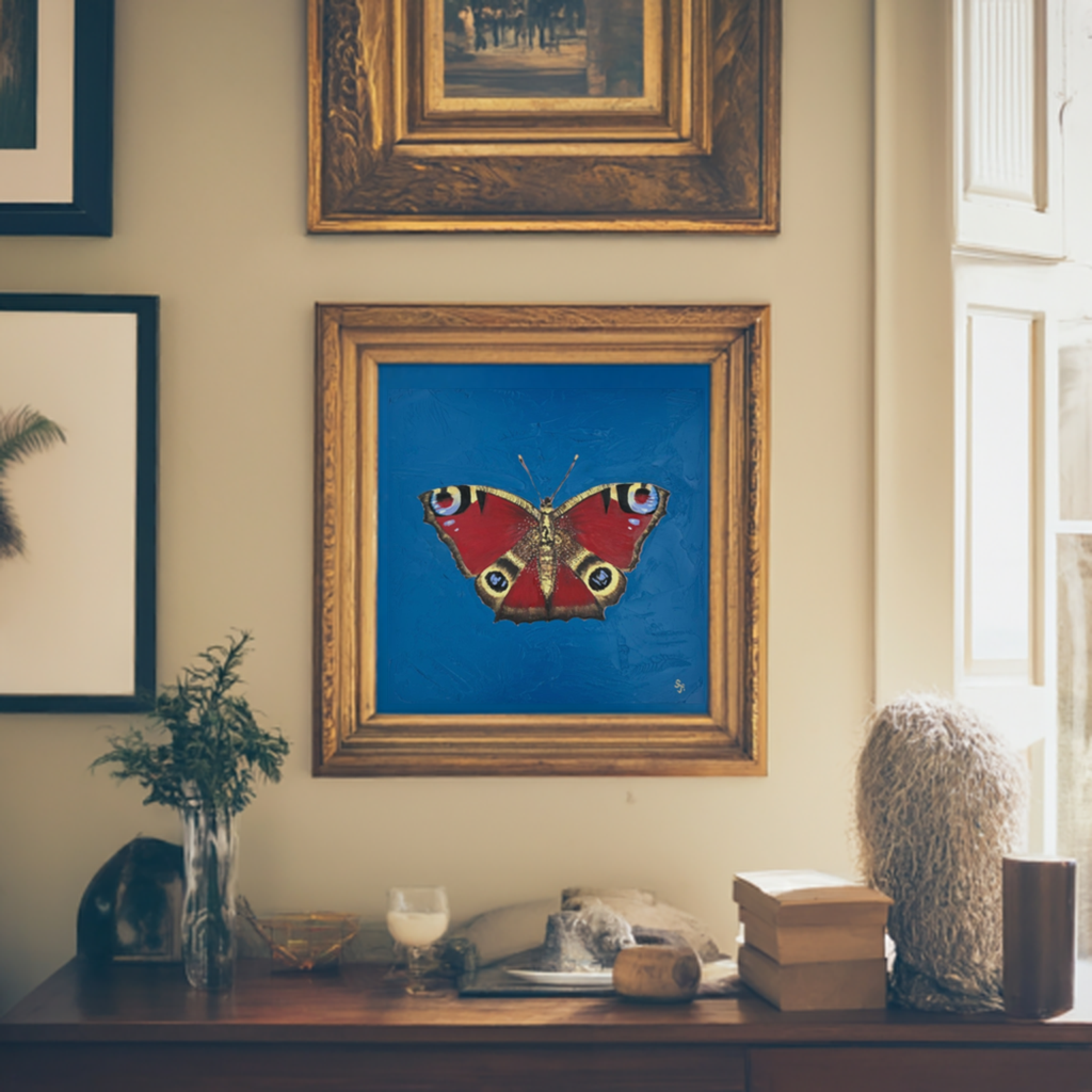 peacock butterfly  art on wall in gold frame