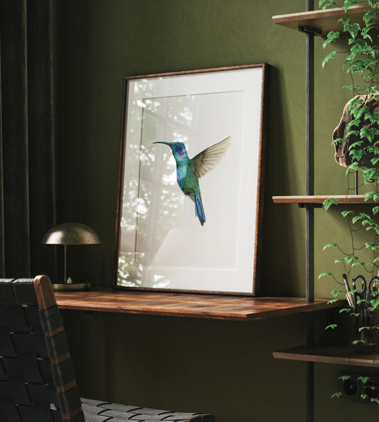 Humming Bird in Flight -Hummingbird Fine Art Hand Embellished Print