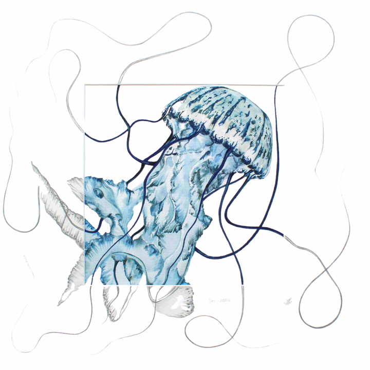 blue jellyfish painting with a sketched mount