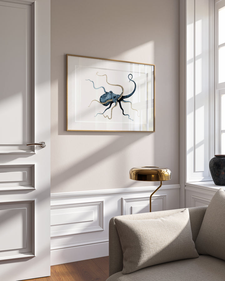 Gold Embellished Majestic Blue Octopus Fine Art Print