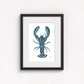 lobster print on wall in black frame  on white wall